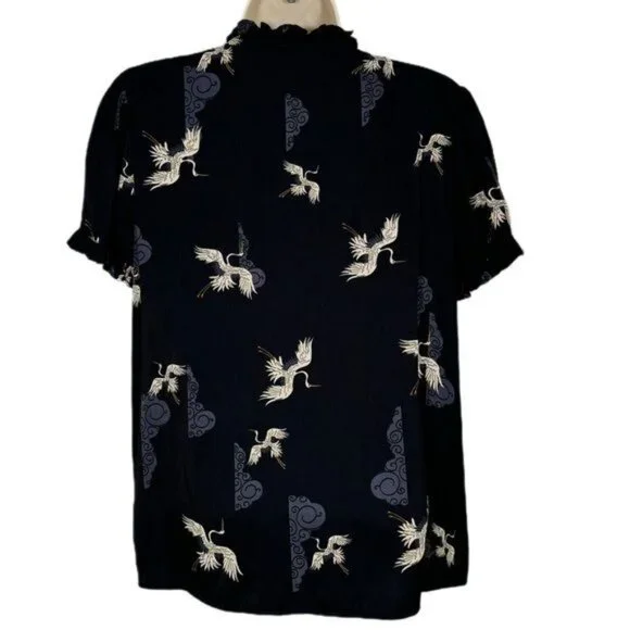 T Tahari Crane Print Black Ruffle Short Sleeve Blouse Small - Picture 5 of 8